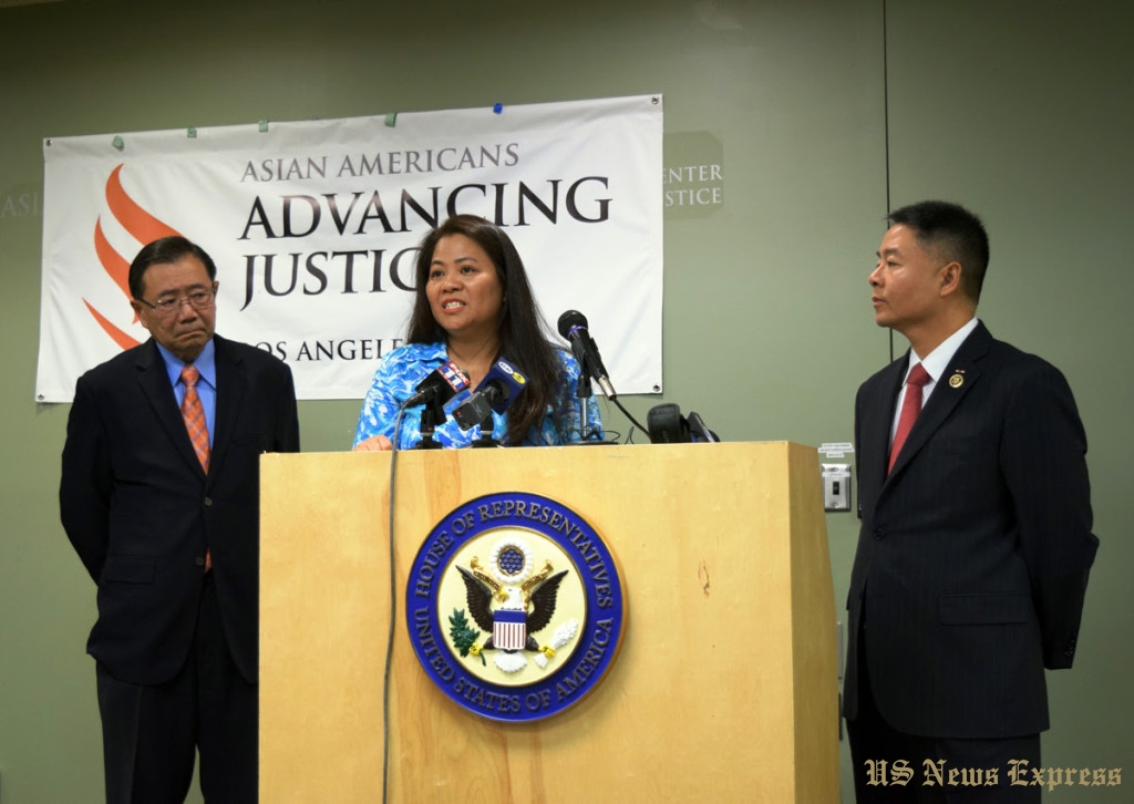 Gina Pablo speaks about the abusive and illegal working conditions she endured working at L’Amande French Bakery. Pablo is joined by Stewart Kwoh, executive director of Asian Americans Advancing Justice-Los Angeles, (left) and Congressman Ted W. Lieu (right).  