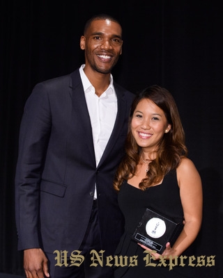 Yvonne Ng (right), winner of the silver medal in the alternative film category for “Cloud Kumo,” with actor Parker Sawyers during the 43rd Annual Student Academy Awards® on Thursday, September 22, in Beverly Hills.
