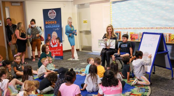 First Partner Siebel Newsom reads to students in the Sacramento area to launch the statewide expansion of Dolly Parton’s Imagination Library